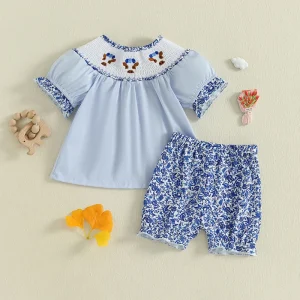 Girls Short Sleeve Top with Ruffled Shorts