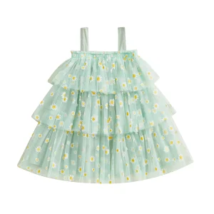 Girls Sleeveless Daisy Print Tiered Dresses