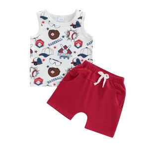 Boys 2 Piece Baseball Print Tank Top and Shorts Set